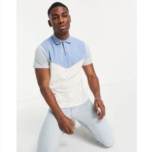 ASOS Design Polo Shirt with Contrast Yoke in Faded Denim - Medium